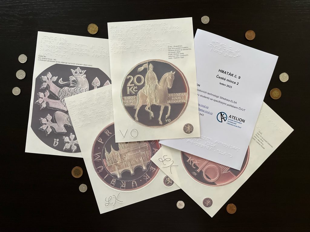 Obsah Hmatáku č. 9 - desky, tři grafické listy mincí (10, 20 a 50 Kč) a grafický list s českým lvem