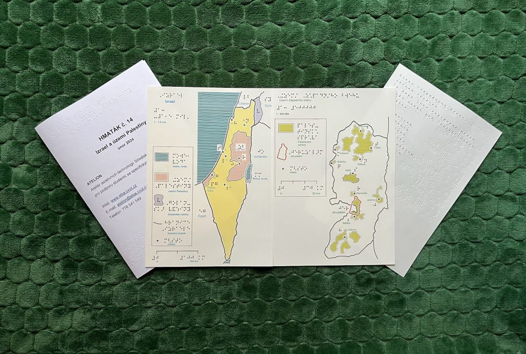 Obsah hmatáku č. 14 Izrael a území Palestiny - desky, 2 grafické listy a seznam zkratek.